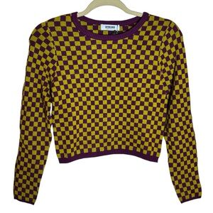 Daydreamer Fig Check Yellow Purple Soft Stretchy Crop Sweater, NWT, Small